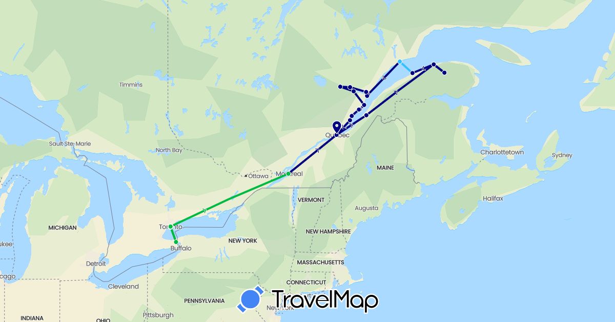 TravelMap itinerary: driving, bus, boat in Canada (North America)
